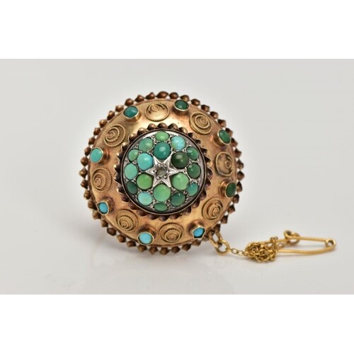 A VICTORIAN TURQUOISE AND DIAMOND BROOCH, of a circular dome...