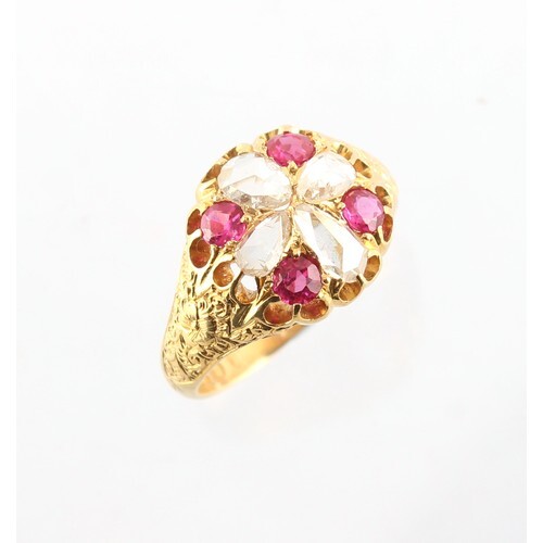 A Victorian 18ct yellow gold ruby & diamond ring, with four ...