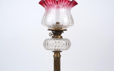 AMENDMENT please note VAT is charged on the hammer price for this Lot. A Victorian Hinks & Son brass table oil lamp, designed with pierced gallery atop a clear moulded glass reservoir, with fluted column to a Baroque stylised tripod base, with...