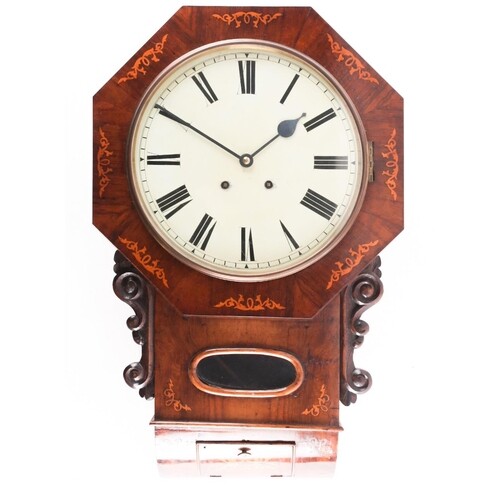 A Victorian inlaid walnut wall clock, with eight day movemen...