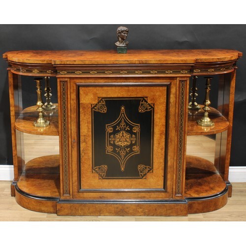 A Victorian walnut, ebonised and marquetry break-centre cred...