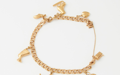 A bracelet, 18k gold, Bismarck, with charms depicting a poodle, skate, wooden shoe, C A Mattinssons Ringfabrikation, Stockholm 1953.