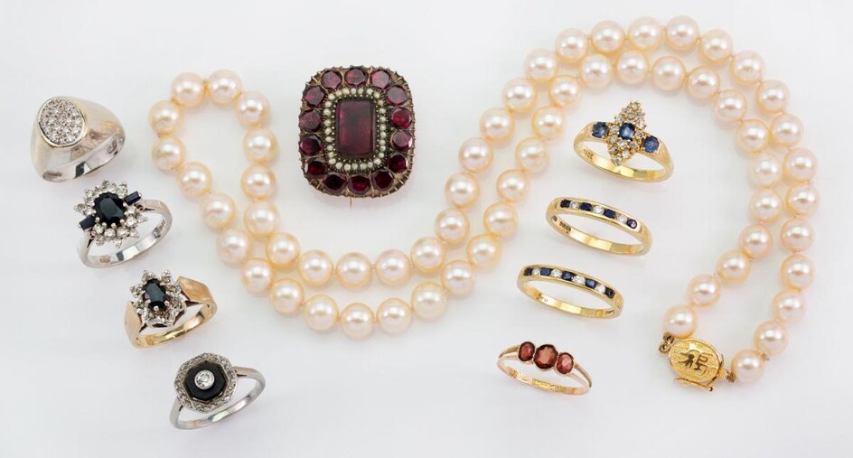A collection of jewellery, comprising: a Georgian garnet and seed pearl brooch, set with foiled flat-cut garnets and seed pearls; an onyx and diamond ring, the octagonal bezel inset with an onyx plaque centring on a circular-cut diamond, framed by...