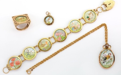 A collection of jewellery comprising: a bracelet composed of a series of six circular panels, each inset with a miniature depicting mostly birds and flowers, to a heart shaped padlock clasp, British hallmarks for 9-carat gold, length 20cm; a ring...