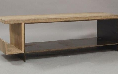 A contemporary elm and steel coffee table, of recent manufacture, the rectangular elm top on steel frame and supports with undertier and shelf to one end, 38cm high, 122cm wide, 41.5cm deep