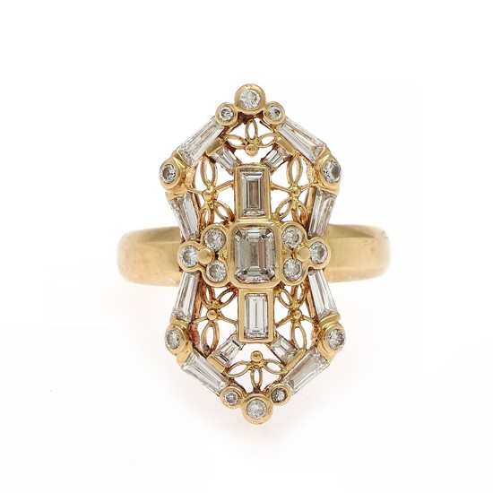 A diamond ring set with an emerald-cut diamond encircled by numerous baguette and brilliant-cut diamonds totalling app. 1.60 ct., mounted in 18k gold.