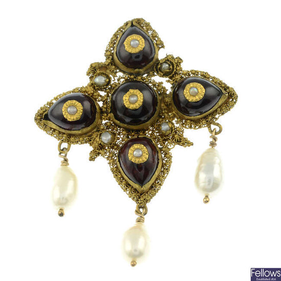 A garnet, freshwater cultured pearl and split pearl brooch.