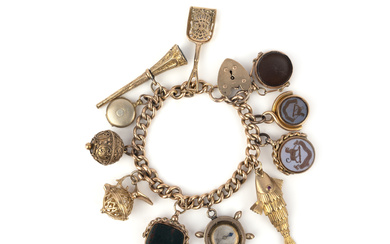 A gold and hardstone charm bracelet, 19th century and later, the gold curb link bracelet to a