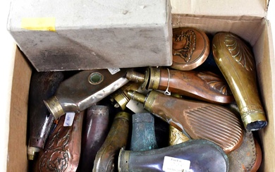 A good quantity of shot and powder flasks including various...