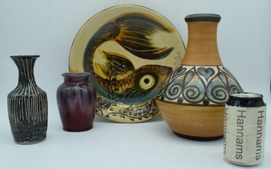 A group of Studio pottery, Angley ware vase together with , Puigdemont dish, Devonmoor vase and anot