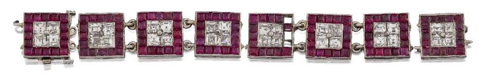 A group of eight Art Deco platinum, diamond and ruby panels, formerly from a bracelet, each designed as a square panel with square-cut diamond four stone centre and calibre-ruby border, and a matching clasp, each with chain-link connections...