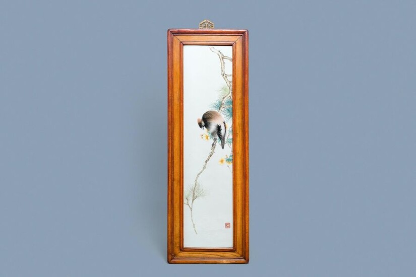 A large Chinese rectangular plaque with a bird on a blossoming branch, seal mark, Republic