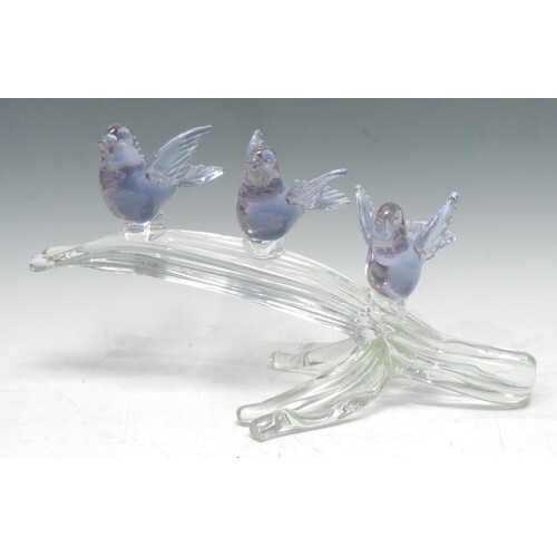 A large Murano table centre, with three amethyst birds perch...