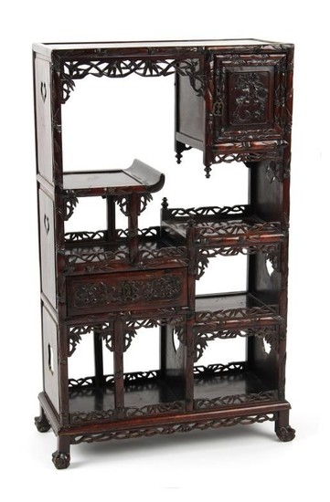 A late 19th century Chinese carved hongmu display cabinet...