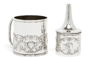 A late Victorian silver Christening cup, London, 1899, William Comyns, repousse decorated with winged putti within foliate frames, 6.5cm high, together with an Edwardian silver salt/sugar shaker of similar design with elongated nozzle, London...