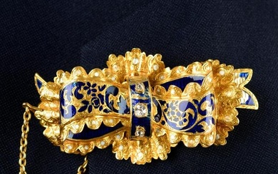 A mid Victorian gold old-cut diamond and enamel frilled bow brooch.Estimated total diamond weight
