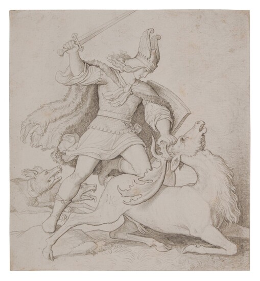 A mythical warrior killing a stag, Attributed to Wilhelm von Kaulbach