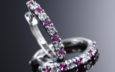 A pair of 18 kt pink sapphire and diamond earrings. white gold (2)