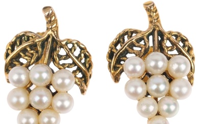 A pair of 9ct gold whole pearl grapevine earrings, with scre...