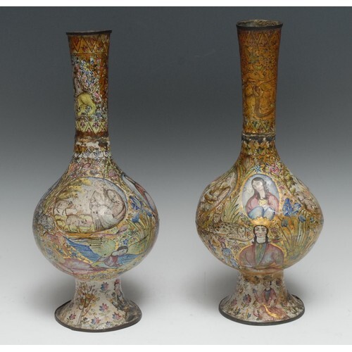 A pair of Indo-Persian enamel compressed globular vases, pro...