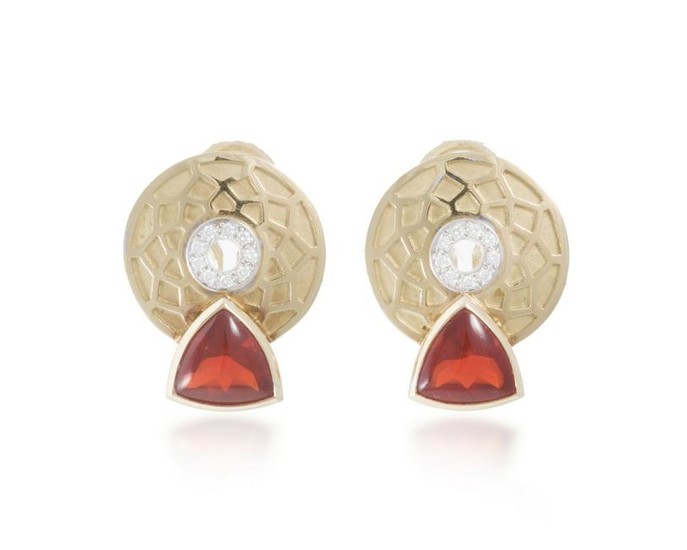 A pair of Silverhorn fire opal and diamond ear clips