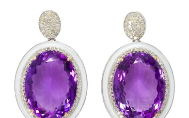 A pair of amethyst, diamond and silver earrings