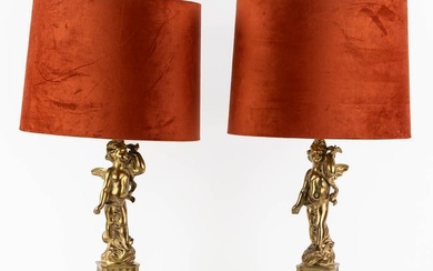 A pair of decorative table lamps, messing. 20th century. (L:15 x W:15 x H:78 cm)