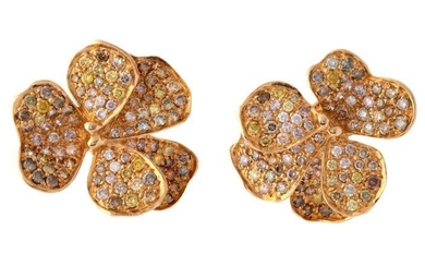 A pair of diamond and coloured diamond earclips, by Vevey each designed as a Violet pave-set with brilliant-cut diamonds of various hues,indistinctly signed, clip fittings, 3 x 2.5cm Diamonds have not been tested for colour treatment