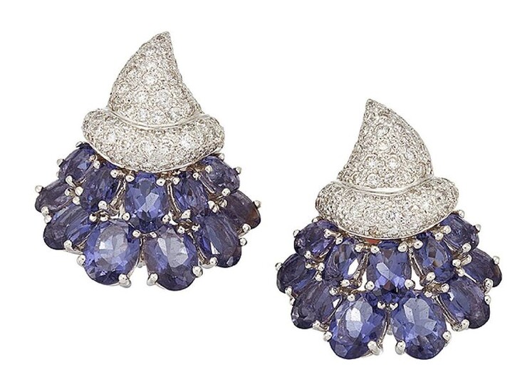 A pair of diamond and tanzanite drop earrings,...