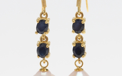 A pair of earrings, gold plated sterling silver with sapphire & cultured pearls, contemporary.