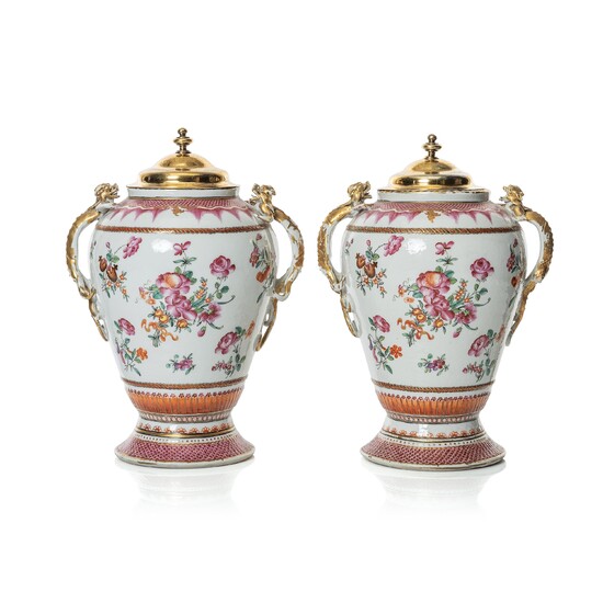 A pair of famille rose jars with gilded silver covers, Qing dynasty, Qianlong (1736-95).