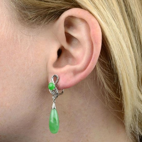 A pair of jade and single-cut diamond earrings.Verbal
