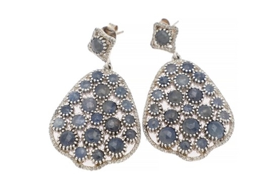 A pair of sapphire and diamond ear pendants each set with numerous sapphires and diamonds, totalling app. 1.50 ct., mounted in 18k white gold. (2)