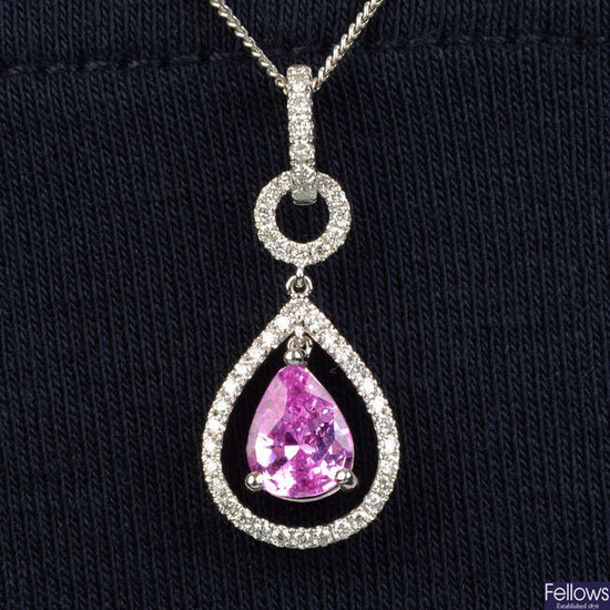 A pink sapphire and brilliant-cut diamond pendant.