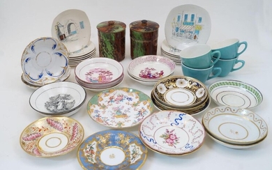 A quantity of British porcelain plates and saucers, 19th / 20th centuries, various factories including: Derby, Minton, New Hall, Spode, Worcester, with a group of fifteen side plates with designs by Hugh Casson for Midwinter, together with a group...