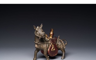 A rare Chinese partly lacquered and gilt bronze incense hold...