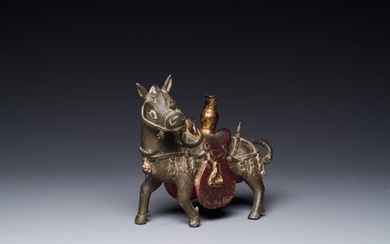A rare Chinese partly lacquered and gilt bronze incense holder in the shape of a horse, Yuan/early