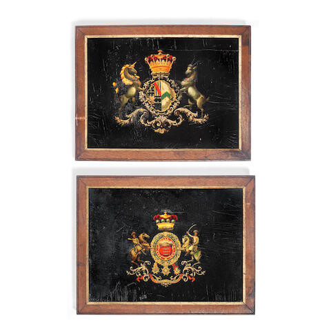 A rare pair of early 19th century crested coach panels painted with the armorial bearings of the Earl and Countess of Mulgrave and John Keane, 1st Baron Kean