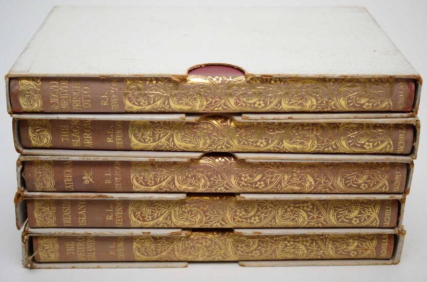A selection of early 20th C calf bound volumes by Robert Louis Stevenson