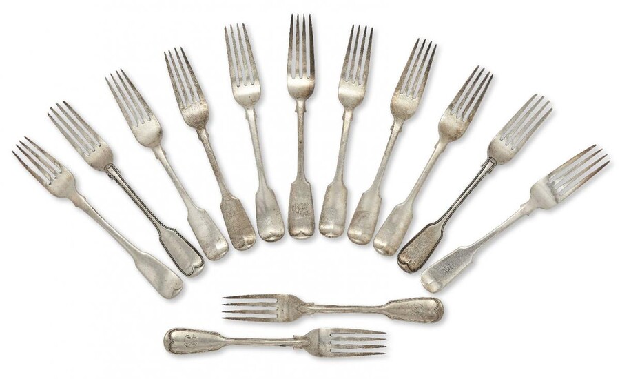 A set of five Victorian silver table forks, London, c.1840, Charles Lias, of plain fiddle pattern design, together with four further fiddle pattern silver table forks, two engraved with monograms, and two pairs of Victorian silver thread decorated...