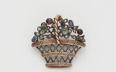 A silver, 8/14k gold diamond and coloured gemstone brooch formed as a basket of flowers.