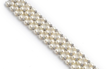 SOLD. A three-strand pearl and diamond bracelet with numerous cultured pearls and single-cut diamonds, mounted in 18k white gold. L. 20 cm. Circa 1950-60. – Bruun Rasmussen Auctioneers of Fine Art