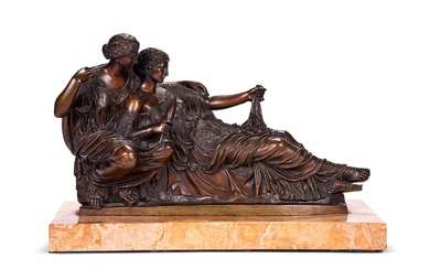 AFTER THE ANTIQUE, A BRONZE FIGURAL GROUP OF CLOTHO AND ATROPOS, MID 19TH CENTURY