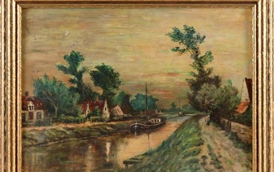AMERICAN SCHOOL (20th Century,), Canal scene., Oil on canvas board, 12" x 16". Framed 14.5" x 18.5".