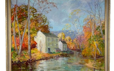 AMERICAN SCHOOL (20th Century,), Houses at a bend in the river., Oil on canvas, 34î x 40î.