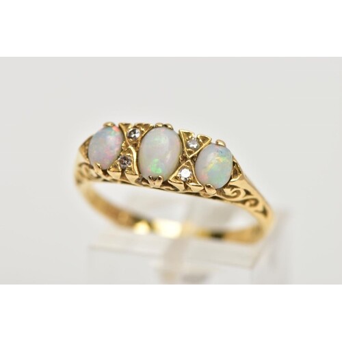 AN 18CT GOLD OPAL AND DIAMOND HALF HOOP RING, three oval cab...