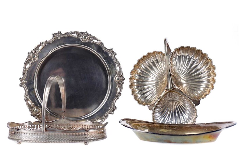 AN EARLY 20TH CENTURY SILVER PLATED SERVING DISH, ALONG WITH A HOT PLATE, COMPORT AND BASKET