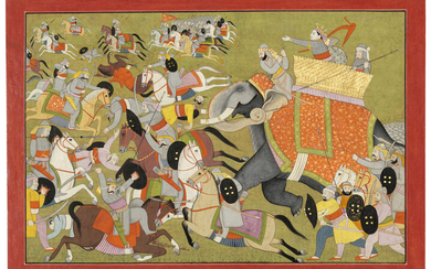 AN ILLUSTRATION FROM A RUKMINI HARAN SERIES: BALARAMA BATTLES THE ARMIES OF SHISHUPALA INDIA, PUNJAB HILLS, KANGRA, 1810-1820