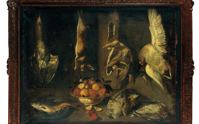 ATTRIBUÉ À ALEJANDRO DE LOARTE (VERS 1590 - 1626), Nature morte aux poissons, gibier et coupe de fruits sur un entablement de bois