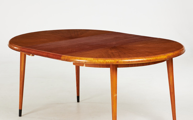 AXEL LARSSON, dining table, 2 inserts, mahogany veneer, hexagonal legs with brass finish, Bodafors.
